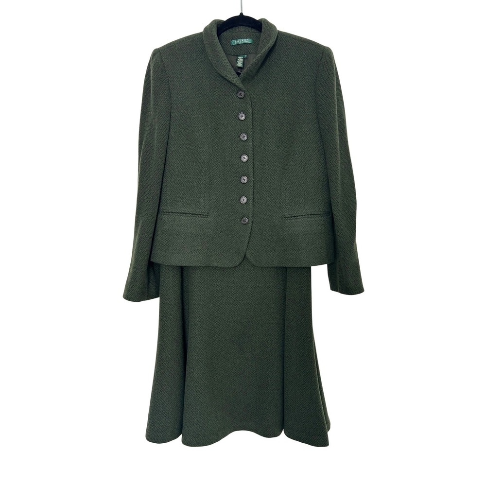 Lauren Ralph Lauren Skirt Suit 12 Green Wool Blend Jacket Midi Vintage Old money
